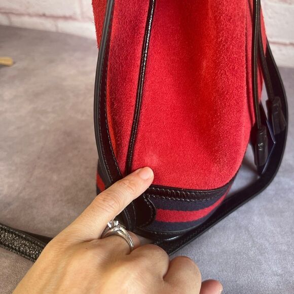 Gucci Suede Ophidia Bucket Drawstring Crossbody Top Handle Bag Red - Picture 5 of 12